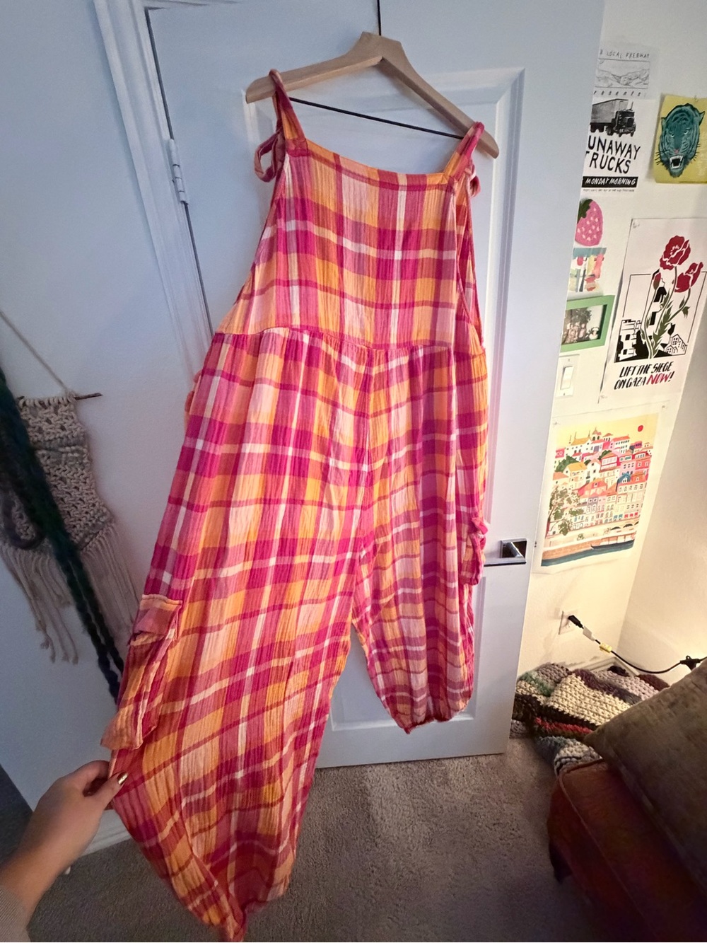 Lucy & Yak Miyada Wide-Leg Cargo Jumpsuit in Pink & Orange Plaid